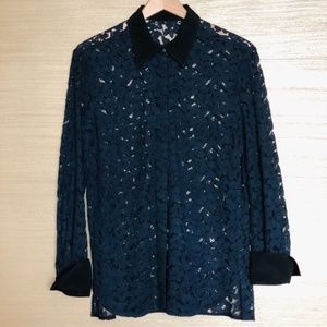 Navy Lace Blouse with Black Collar & Cuffs
